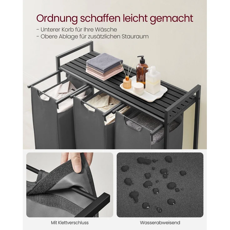 Vasagle Wäschekorb mit 3 Fächer, Metallrahmen Schwarz/Grau, 3x38 L / 92,5 x 33 x 72 cm – Bild 2