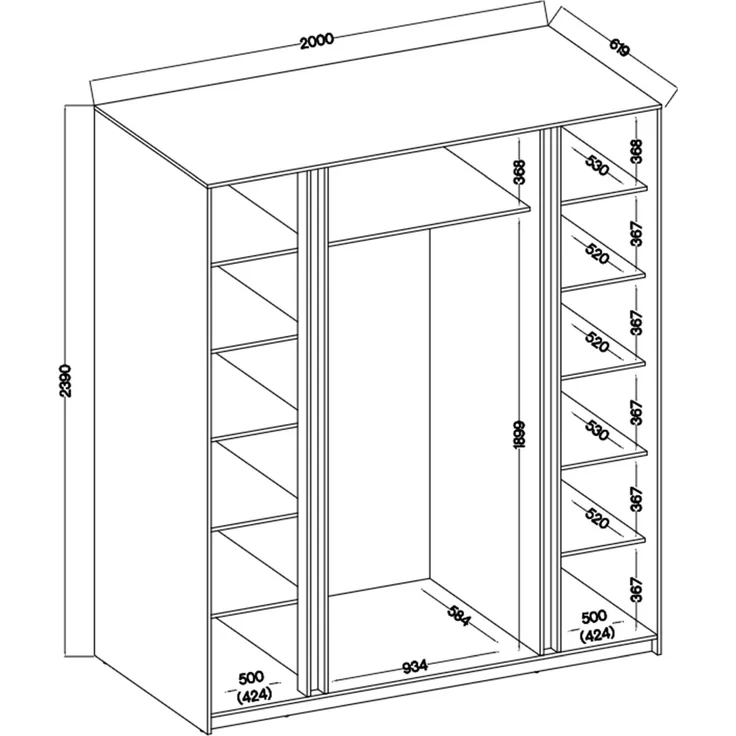 Selsey 'Kaja' Kleiderschrank 4-türig mit seitlichen Lamellen & Spiegel, Eiche Evoke, ca. 239 x 200 x 62 cm – Bild 4