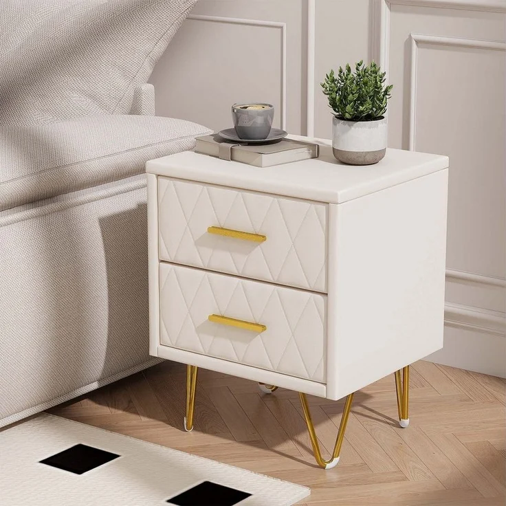 FUROKOY Nachttisch 2er set Nachtschrank mit Schubladen, Beistelltisch mit Metallbeine (Sofatisch Beistelltisch mit 2 Schubladen, Beige PU), Schubladenschrank für Schlafzimmer Flur Wohnzimmer, 41 x 35.5 x 51 cm – Bild 2