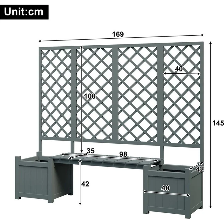 Celya Blumenständer Pflanzgefäße für den außenbereich holz außen mit Spalier und Sitz (Blumenkübel mit viel Platz, Blumenkasten Pflanzenkasten, Grau Massivholz Tanne), Pflanzgefäß mit Spalier als Rankhilfe – Bild 2