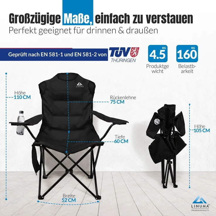 LINUMA® Luxus Faltstuhl PRO SCHWARZ Campingstuhl Anglerstuhl mit Getränkehalter & Tragetasche – Bild 2