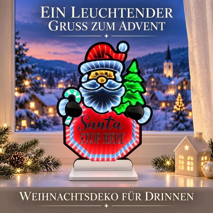 LED Infinity Spiegel Santa Stop Here 40,5 cm, Weihnachtsmann mit Timer – Bild 8
