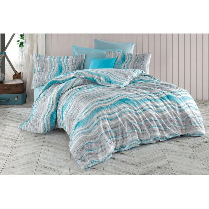Buymax Bettwäsche Mella, Renforce: 100% Baumwolle, 3 teilig, 200x200 cm Bettbezug Set, mit Reißverschluss, Streifen, Blau Weiß Grau