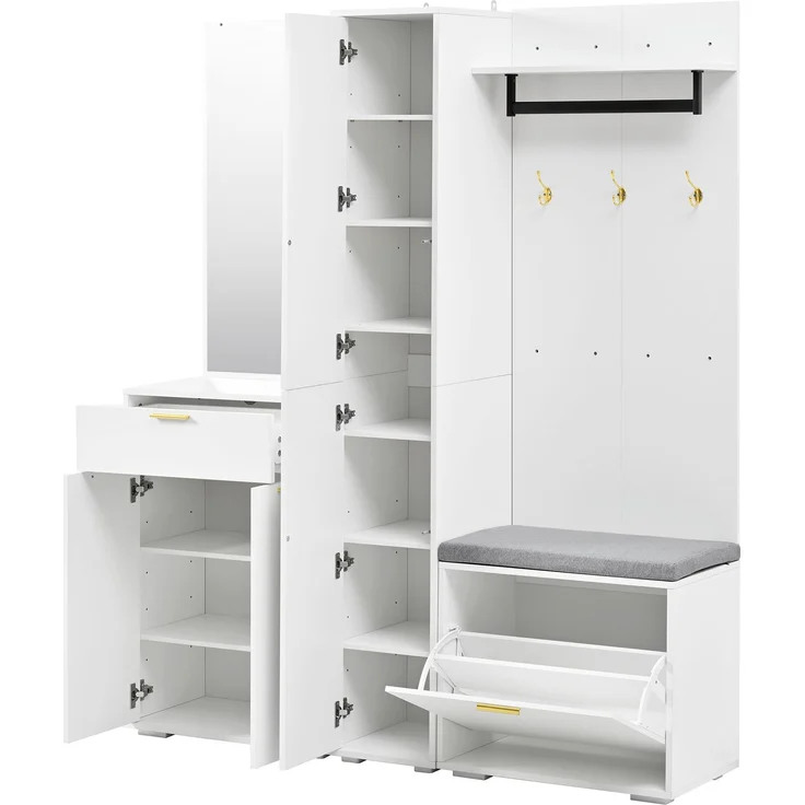 CHICFURN Schrank 150x180x36 cm mit Spiegel, Sitzbank und Schuh-Kippfach – Weiß – Bild 8