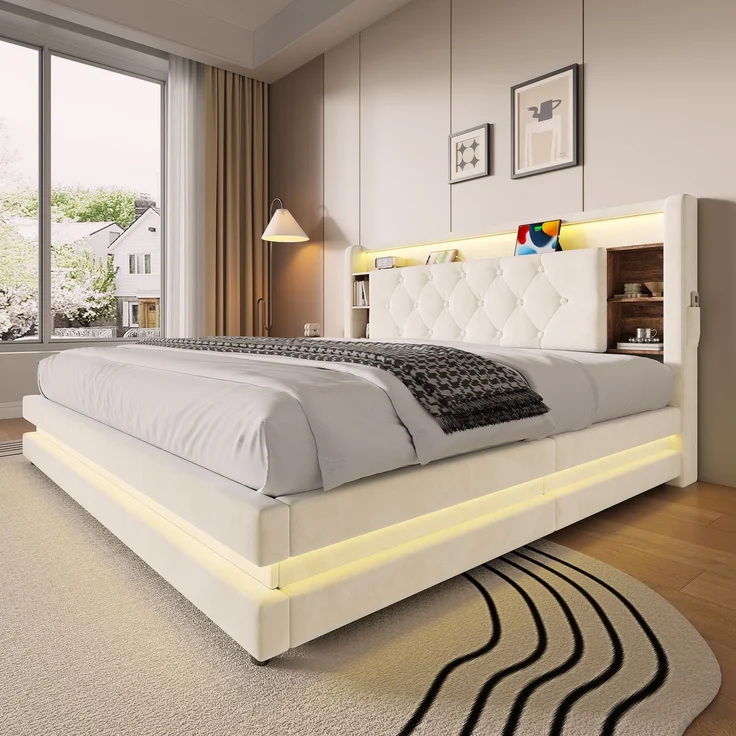 TavilaEcon Boxspringbett Samtbett, Polsterbett mit LED-Beleuchtung & USB-Ladefunktion beige Liegefläche 160 × 200 cm – Bild 8