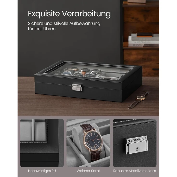 SONGMICS Uhrenbox, abschließbarer Uhrenkasten, Uhrenkoffer, Organizer für Uhren, mit 16 Fächern, Glasdeckel, Geschenk für die Liebsten, PU-Bezug in Schwarz, Samtfutter in Taubengrau JWBDE112G01 – Bild 6
