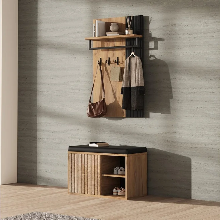 Merax Garderoben-Set 2-teilig, Wandgarderobe mit Kissen Sitzbank, (mit 3 Haken und Schuhschrank), Garderobenbank, Flurmöbel, Schwarz + Natur – Bild 1