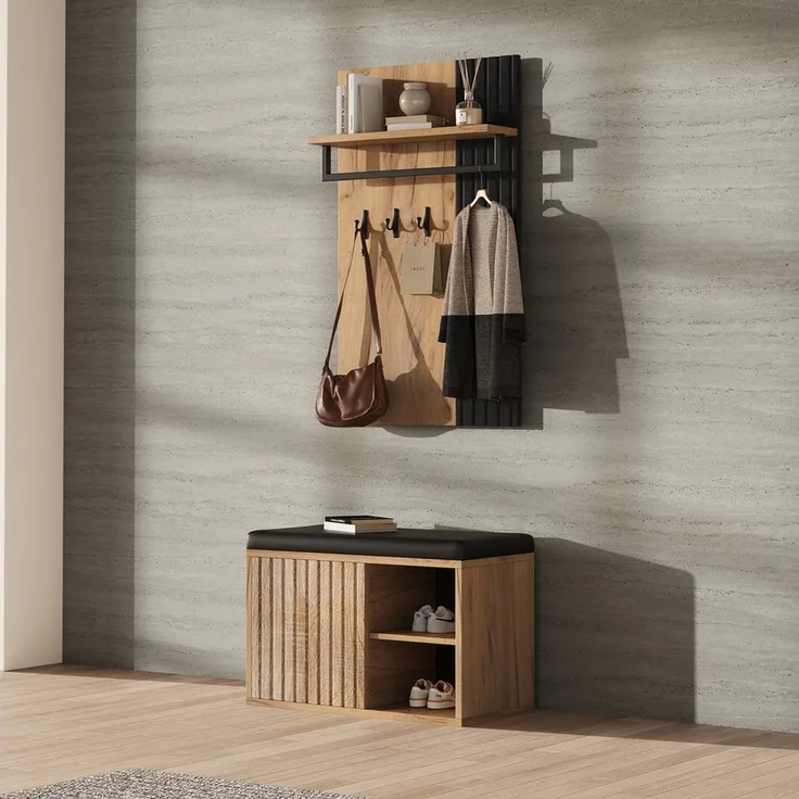 Merax Garderoben-Set 2-teilig, Wandgarderobe mit Kissen Sitzbank, (mit 3 Haken und Schuhschrank), Garderobenbank, Flurmöbel, Schwarz + Natur