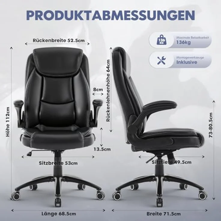 COLAMY Ergonomischer Bürostuhl, Office Bürostuhl Ergonomisch, 360° Drehung Chefsessel Schreibtischstuhl mit Hochklappbaren Armlehnen, Verstellbarer Rückenlehne, Höhe & Kippspannung, Schwarz – Bild 3