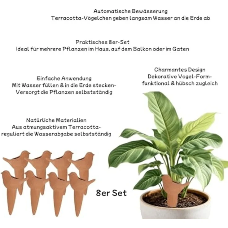 8er Set Bewässerung Vögelchen – Terracotta – Pflanzhilfe zur Langzeitbewässerung – Bild 5