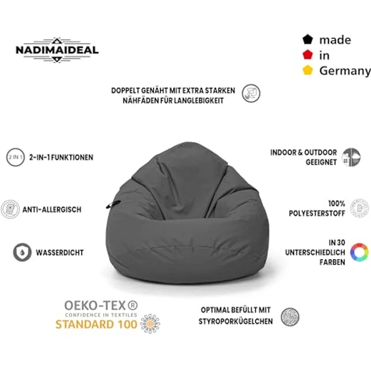 Nadimaideal Sitzsack Tropfenform Kastanie | Bodenkissen für Kinder & Erwachsene | Indoor & Outdoor | Gaming Sitzsack - Sitzkissen - Beanbag | Füllung EPS Perlen (Anthrazit, XXL-Durchmesser 88 cm) – Bild 4