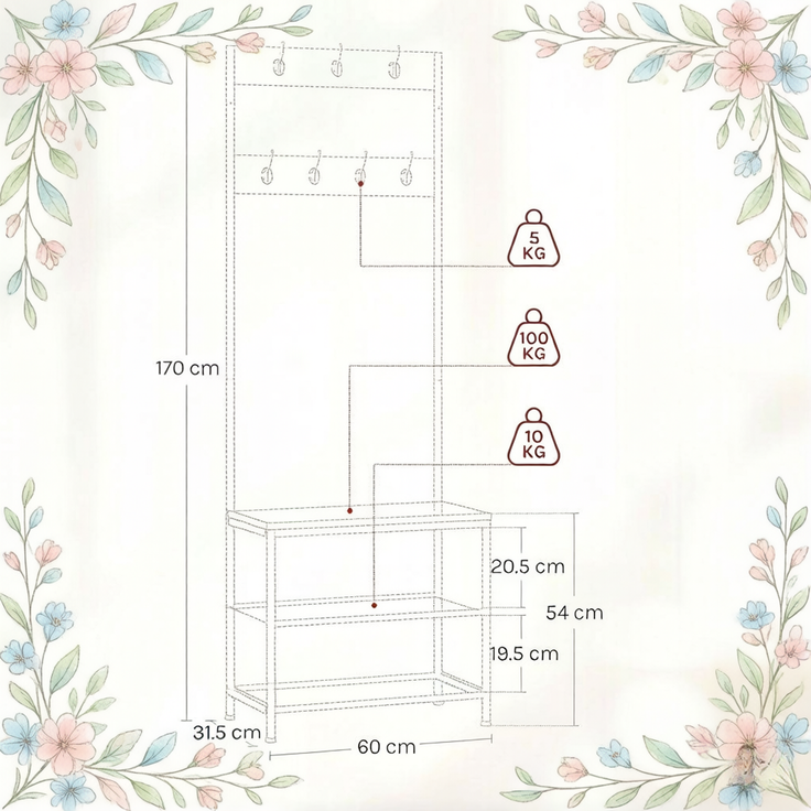 Vielseitiges Mantelhalter,Moderne Kleidungshalter,3 in 1 Design Kleidungsorganisator,Flur Kleidungshalter(nur mit Kleidungshalter)--Weiß--31.5x60x170cm--YOUDENOVA – Bild 7