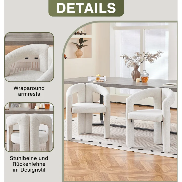 Esszimmerstuhl aus Chenille mit Armlehnen, 62x52x75 cm, Beige – Bild 8