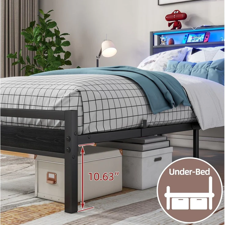 CHICFURN Bett 90x200 cm aus Metall und MDF mit Stauraum und USB-Ladefunktion Schwarz – Bild 6