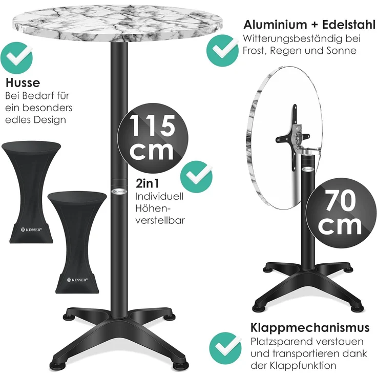 KESSER® 2in1 Stehtisch klappbar Bistrotisch 2er Set | Aluminium Edelstahlplatte | höhenverstellbar 70cm / 115cm | Partytisch Tisch Ø 80cm | In- & Outdoor Empfangstisch | Klapptisch mit Cover Marmor – Bild 5