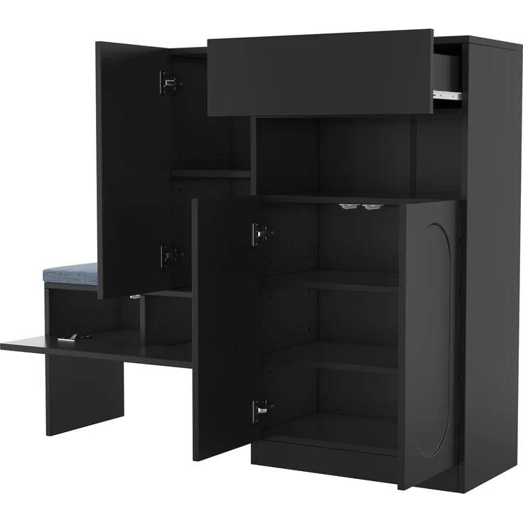 Trendiger 2-in-1 Schuhschrank mit gewölbten Türen – Klapptür mit Soft-Close-Funktion, höhenverstellbaren Fächern und gepolsterter Sitzbank, Schwarz, 130×35×110cm – Bild 9