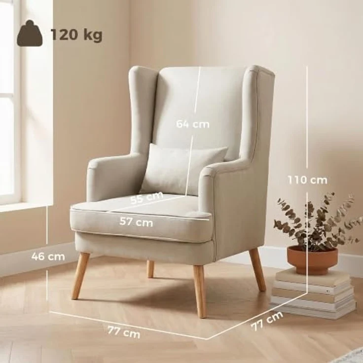 HOMCOM Relaxsessel mit Lendenkissen, hoher Rückenlehne, breitem Sitz (Loungesessel, 1-St, Ohrensessel), für Wohnzimmer Schlafzimmer Beige – Bild 3