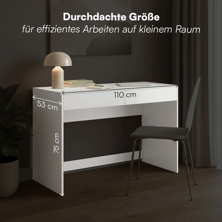 Bellamio 'Toce' Schreibtisch mit 2 Schubladen, weiß, 75x53x110 cm, Bürotisch mit Stauraum, schmaler Arbeitstisch – Bild 5