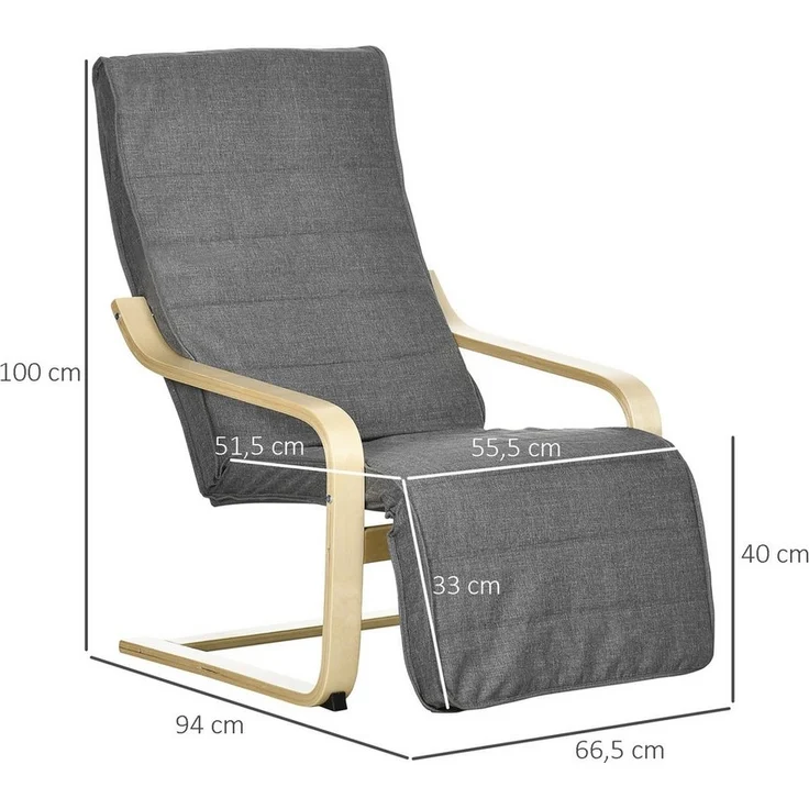 HOMCOM Relaxsessel mit verstellbaren Armlehnen,Stoffdekoration, Holzrahmen (Esszimmerstuhl, 1-St, Schwingstuhl), für Wohnzimmer, Birkenholz, Grau 66,5 x 94 x 100cm – Bild 2