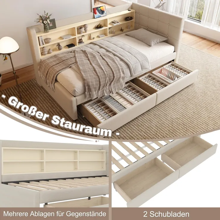 Stauraumbett mit Schubladen, Lattenrost, Regal, USB und Type-C Anschluss, 90x200 cm, Einzelbett, Polsterbett, Leinen – Bild 2