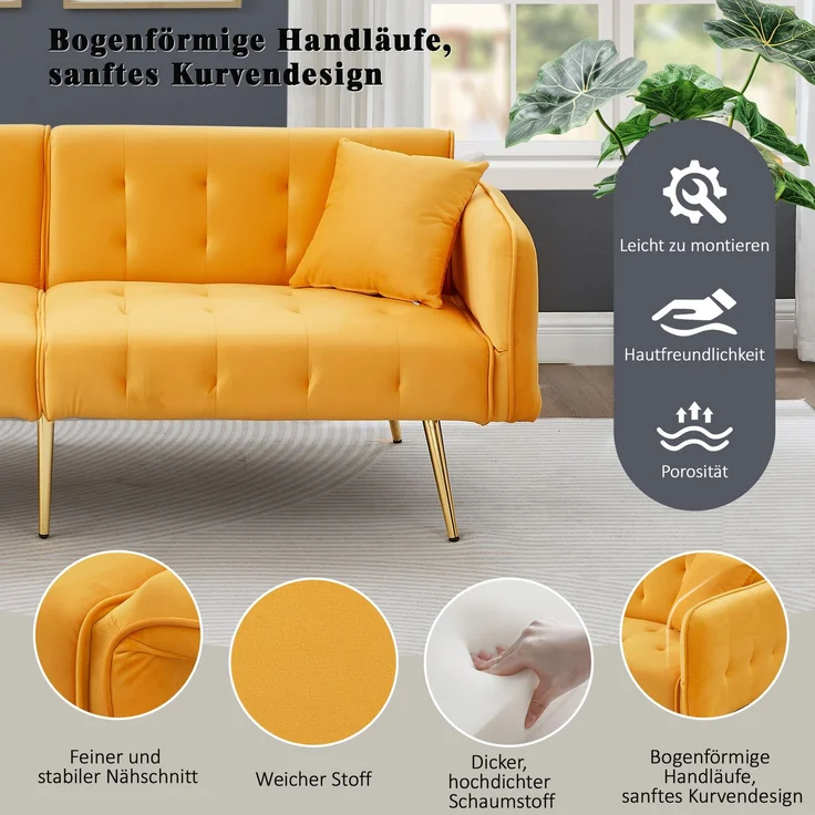 Sofabett 2-in-1 Samt,Zweisitzer mit verstellbarer Rückenlehne & Armlehnen, zum Gästebet,Gelb – Bild 9