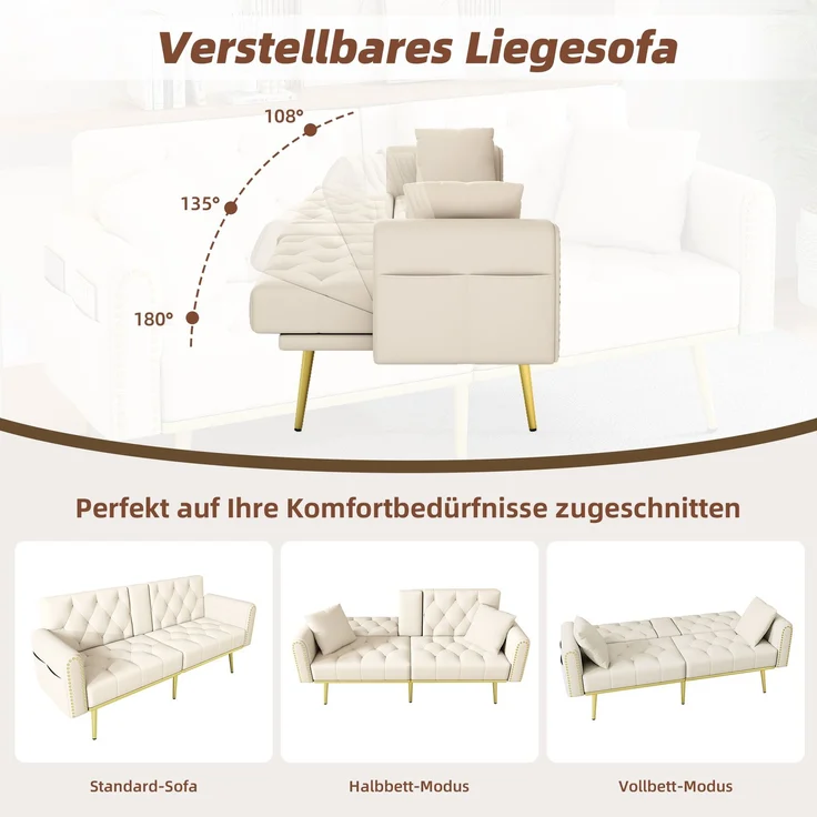 Schlafsofa mit 3-fach verstellbarer Rückenlehne und Getränkehalter, Velours, 175x80x73,5 cm, Beige – Bild 6