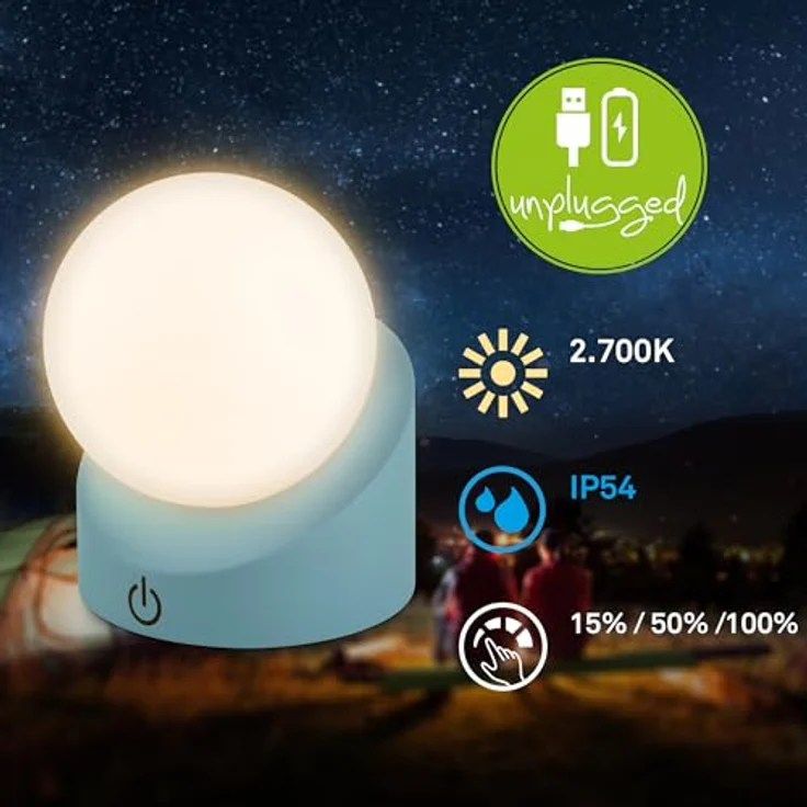 BRILONER - Mini LED Tischlampe kabellos IP54 mit Touch, dimmbar in Stufen, Akku & Lichtquelle tauschbar, Nachttischlampe, Kugel, LED Lampe, Akku Tischleuchte, Outdoor Lampe, 10 x 8 x 9 cm, Blau – Bild 7