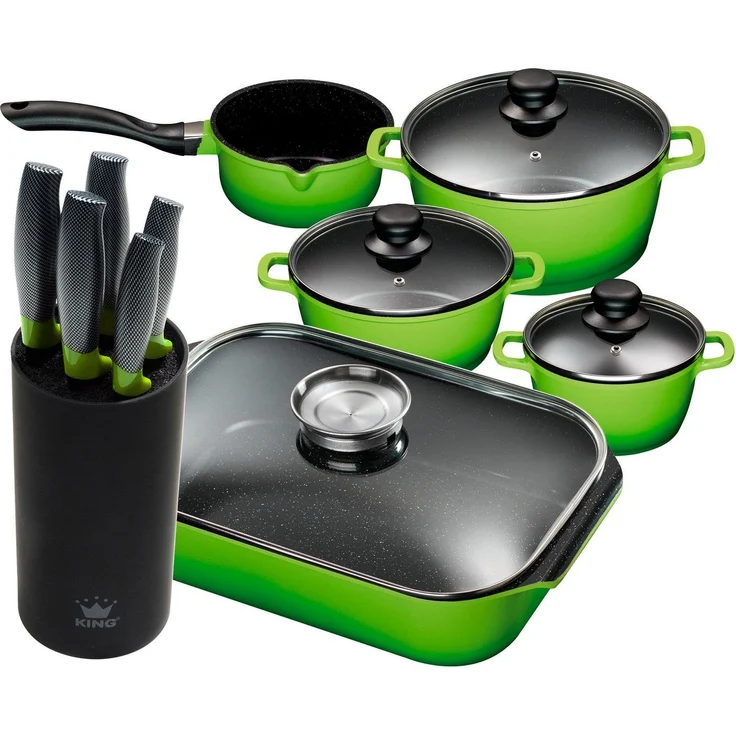 KING Topf-Set, Aluminiumguss (Set, 11-tlg, 4 Töpfe, 3 Deckel, Bräter, 1 Messerblock, 5 Kochmesser), Induktion – Bild 1