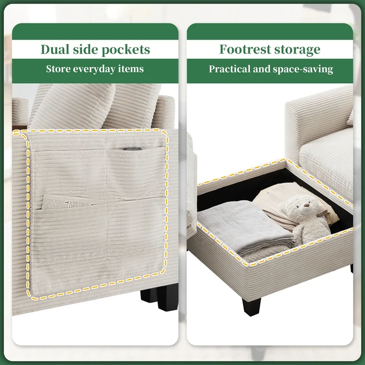 Ecksofa L-Form, umwandelbares Sofa mit Konsole Becherhaltern USB Ladeanschlüssen Armlehnen-Aufbewahrungstasche und Kissen für kleine Räume, Cordstoff, , – Bild 9