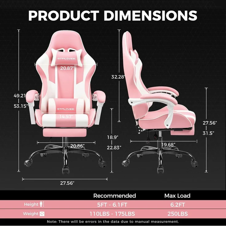 GTPLAYER Bürostuhl Gaming Stuhl Massage Gaming Sessel Ergonomischer Gamer Stuhl mit Fußstütze, Gepolstert Gaming Chair, Drehsessel 150KG,pink – Bild 7