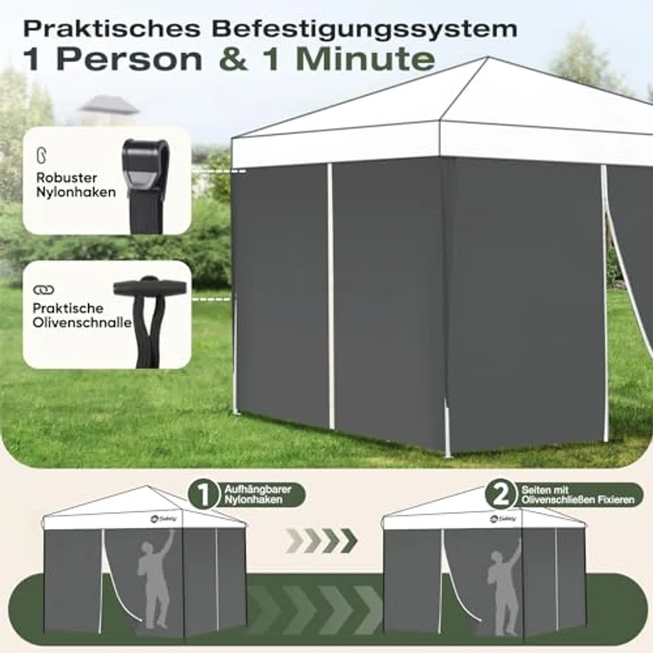 Sekey 2PCS Seitenwände für Pavillon 3x3m, wasserdicht und winterfest, 1 Fenster und 1 Tür, grau, 2 Türen, strapazierfähiges 210D Oxford-Gewebe – Bild 3