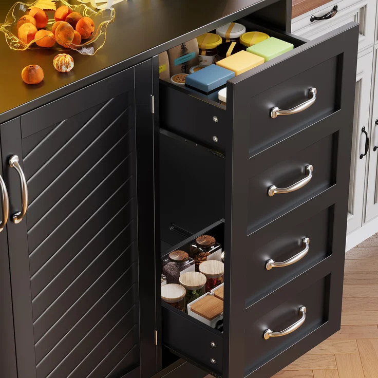 Seitenboard / Aufbewahrungsschrank / Küchenschrank / Buffetschrank, 120x40x188cm, mit LED-Beleuchtung, Snackregal & Getränkehaltern, 4 Türen & 2 große Schubladen, Grün/Schwarz/Weiß--Schwarz--120x40x188cm--YOUDENOVA – Bild 2