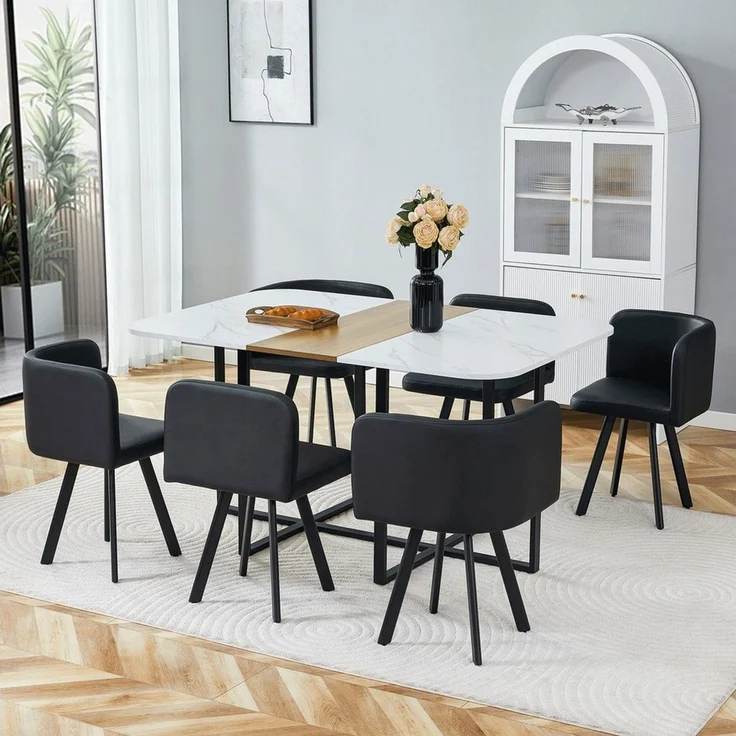 ANYSUN Essgruppe Esstisch-Set,Esstisch mit 6 Stühlen, für 4-6 Personen, (Set, 7-tlg,Tisch mit Holzmaserung-Oberfläche & schwarzem Metallgestell, Tisch mit 6 Stühlen), Esszimmerstuhl,rechteckig Küchentisch,ideal für Küche & Wohnzimmer – Bild 3