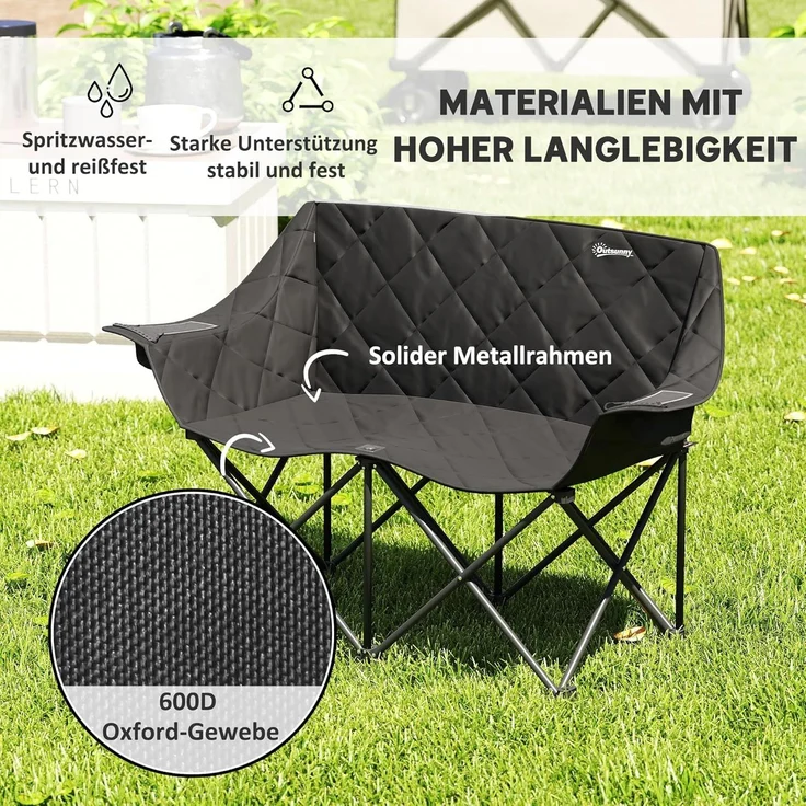 Outsunny Campingstuhl mit Kühltaschen, Tragetasche (2 Sitzer Faltstuhl, 1 St), bis 250kg belastbar, für Garten Camping Strand – Bild 4