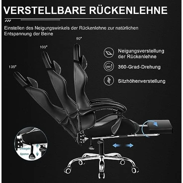 GTPLAYER Bürostuhl Gaming Stuhl Massage Gaming Sessel Ergonomischer Gamer Stuhl mit Fußstütze, Kopfstütze Massage-Lendenkissen, Gepolstert Game Chair, Drehsessel schwarz – Bild 6