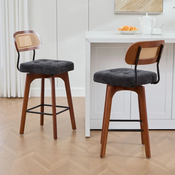 2er-Set um 360° drehbare Barhocker, Küchen- und Frühstücksbarhocker mit Rückenlehne, Rückenlehne aus Rattan mit gepolsterter Sitzfläche, Barhocker im modernen Mid-Century-Stil(schwarz, Chenille-Stoff--Schwarz--51x44x96cm--YOUDENOVA – Bild 9