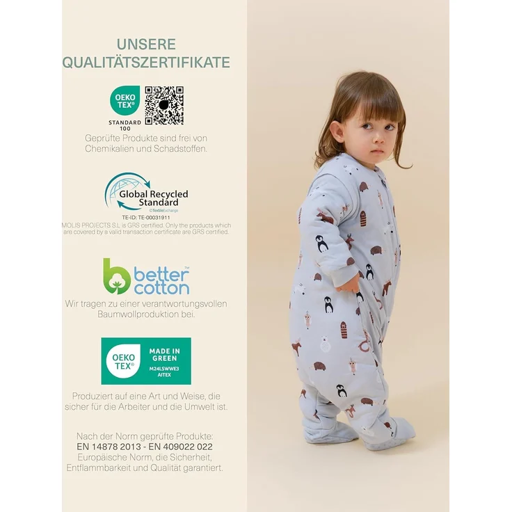 molis&co. Baby-Schlafsack mit Füßen, abnehmbare Ärmel und Socken. 2.5 TOG. Ideal für die Übergangszeit und den Winter. 100% Baumwolle (Oeko-TEX 100). (Winter Animals, 100 cm (4 Jahre)) – Bild 6