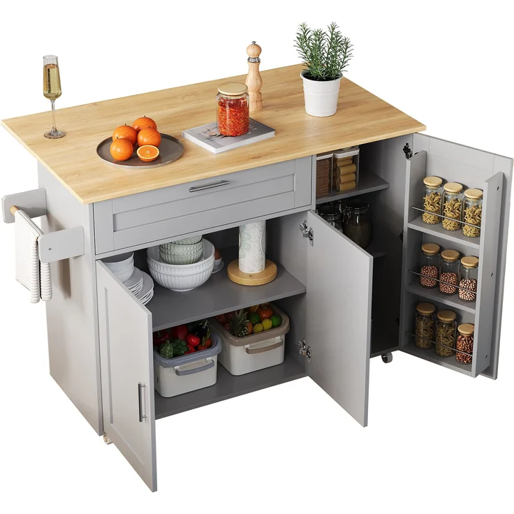 Küchenwagen mit klappbarer Platte 132,5 x 44/70 x 90 cm, MDF in Eiche-Optik/Grau, mit Schublade – Bild 3