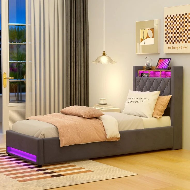 Multifunktionales Polsterbett aus Samt mit LED, USB & Stauraum, ohne Matratze, 90x190 cm, Grau – Bild 9