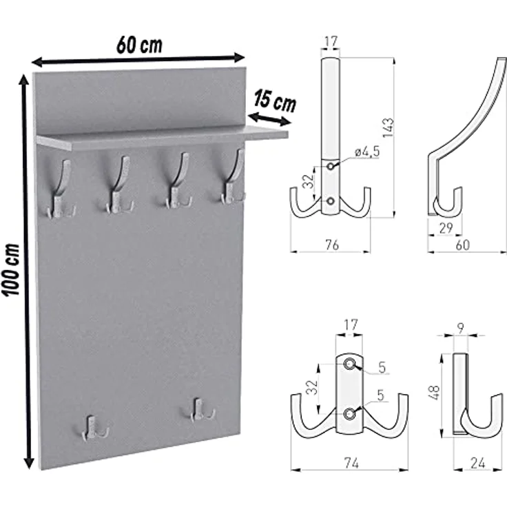 AKKE Garderobenhalter, MAXI Große Garderobe Schwarze Haken 2mm PVC Kantenumleimung – Bild 9