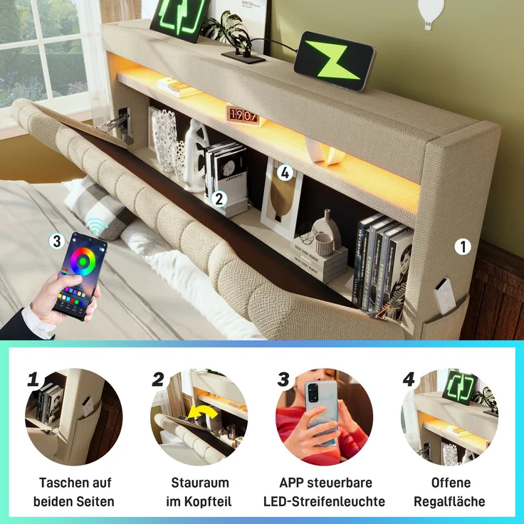 EINHOM Polsterbett Einzelbett 160 x 200 cm, Stauraum-Kopfteil mit USB, LED-Beleuchtung am Kopf- und Fußende des Bettes, mit Hydraulischem Stauraum, Leinen, Beige, (Ohne Matratze) – Bild 4