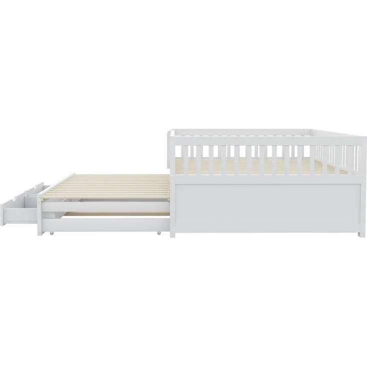 ZUBALIYA Tagesbett 140 × 200 cm, Massivholz, Ausziehbett, Schubladen, Schutzgitter, Lattenrost, Weiß – Bild 14