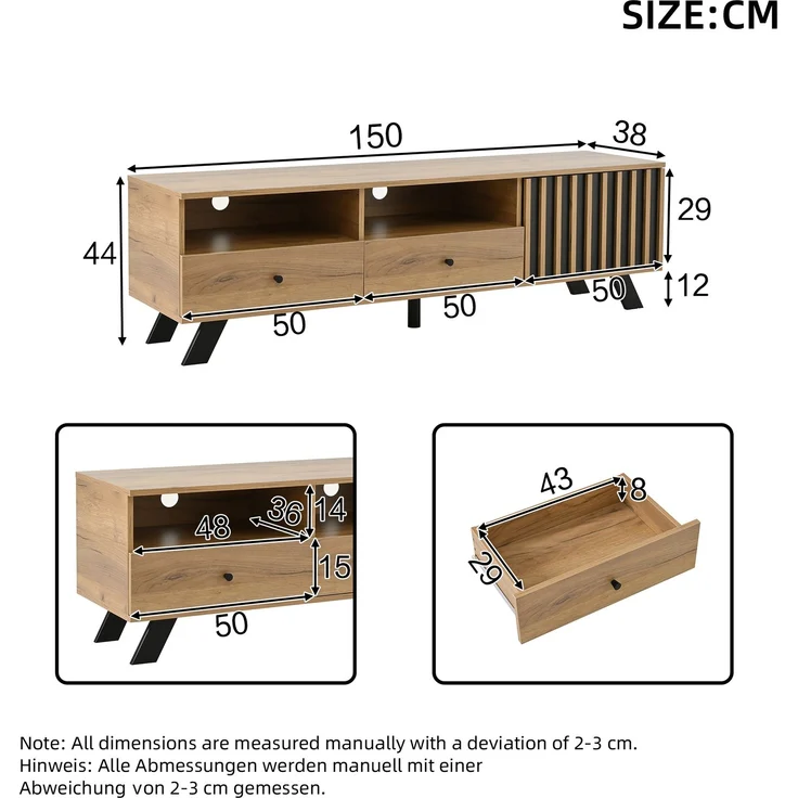 TV-Schrank 150 cm mit Holzmaserung in Natur & Schwarz – Fernsehschrank mit 2 Schubladen, 1 Schrank & offenen Fächern – Bild 9