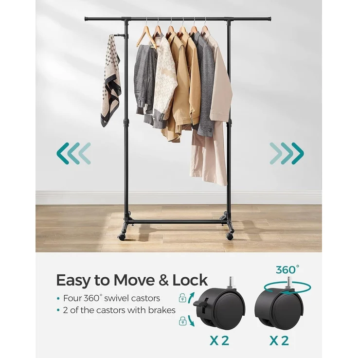 SONGMICS Kleiderständer auf Rollen, Kleiderstange, höhenverstellbar zwischen 97 und 165 cm, ausziehbare Garderobenstange, Garderobenständer, seitliche Haken für Accessoires, schwarz LLR001B01 – Bild 4