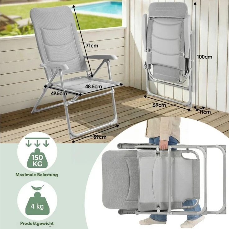 TLGREEN Klappstuhl mit Polsterung,6-fach verstellbarer Campingstuhl, (1 St), Stabiler Aluminiumrahmen & 2 cm dicke Polsterung,bis 150 kg – Bild 2