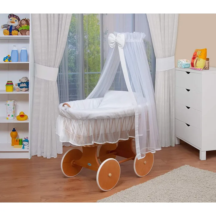 WALDIN Stubenwagen-Set mit Ausstattung Gestell/Räder natur lackiert, Ausstattung weiß/weiß