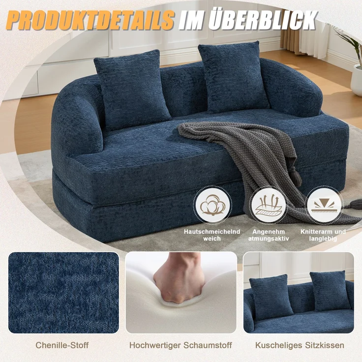 ZUBALIYA Schlafsofa 84x65 cm, mit LED - Beleuchtung, mit Chenille - Bezug, modular aufgebaut, mit Schaumstoffpolsterung, Blau – Bild 4