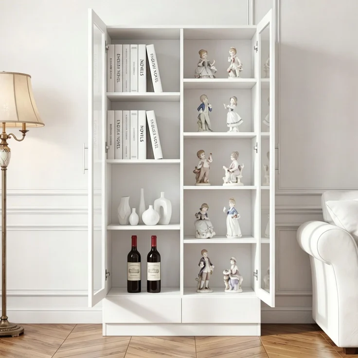 Glastürschrank, Aktenschrank, Figurenschrank, Büroschrank, Hochschrank & Aufbewahrungsschrank mit 2 Schubladen, Weiß, Maße 80×40×160 cm--Weiß--160x40x80cm--YOUDENOVA – Bild 10