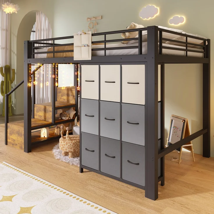 EINHOM Hochbett, 140 x 200 cm, Metall, mit Schubladen, Kleiderstange, Geländer, Treppe mit Stauraum,Schwarz (Ohne Matratze) – Bild 3