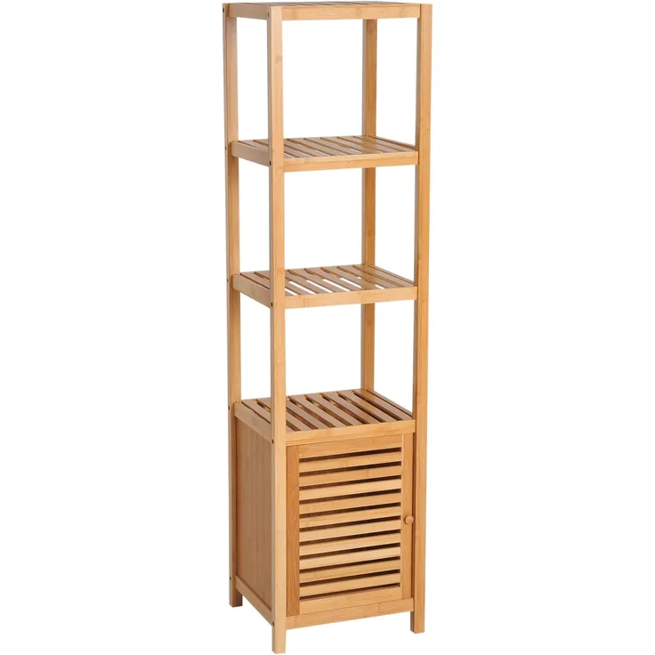 Badschrank Badezimmerschrank mit 3 offenen Fächern aus Bambus, Toilettenschrank natur 36x33x140cm für optimale Aufbewahrung--Naturholz--36x33x140cm--YOUDENOVA